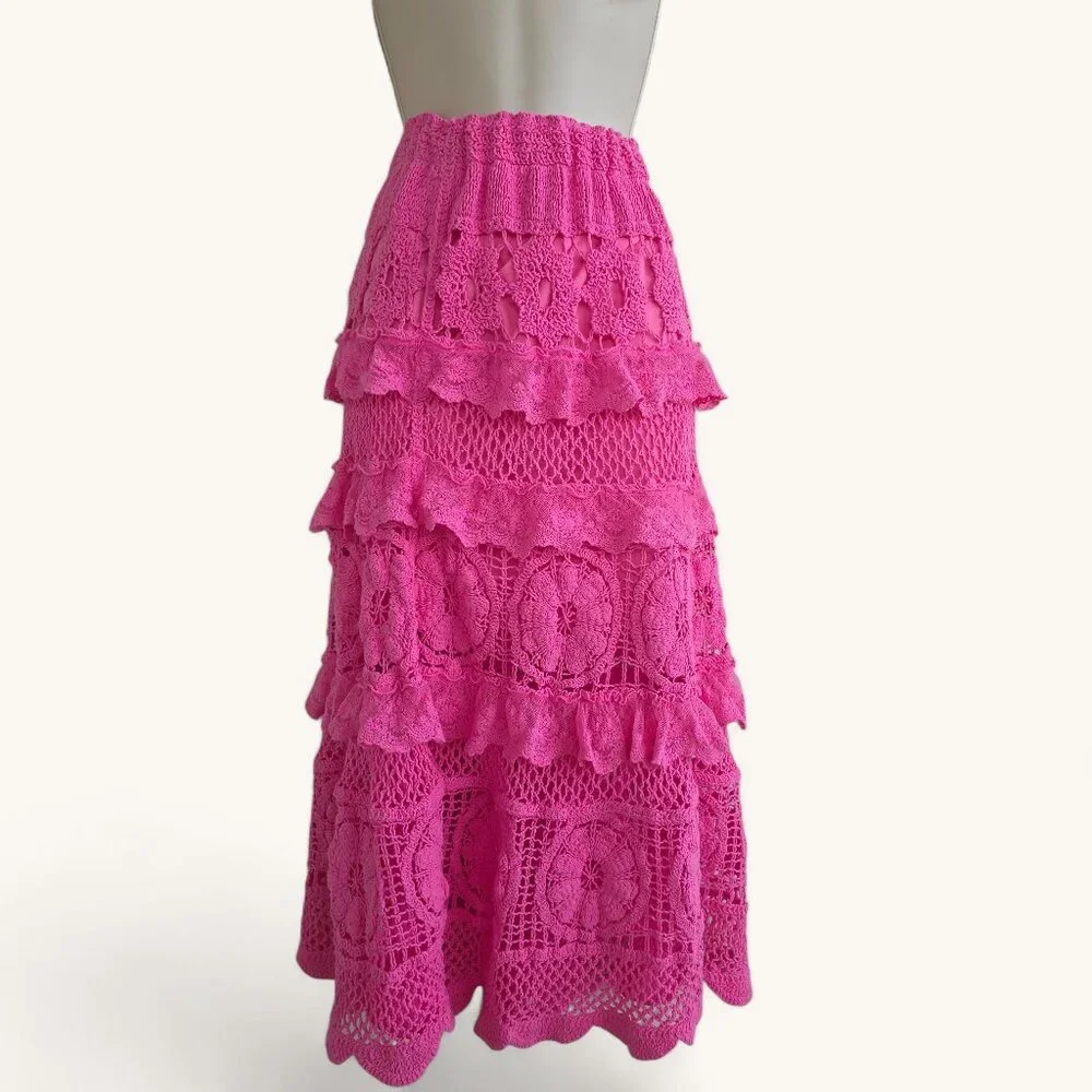 POL Bubblegum Pink Tiered Ruffled Flowy Crochet Maxi Skirt - Picture 1 of 7